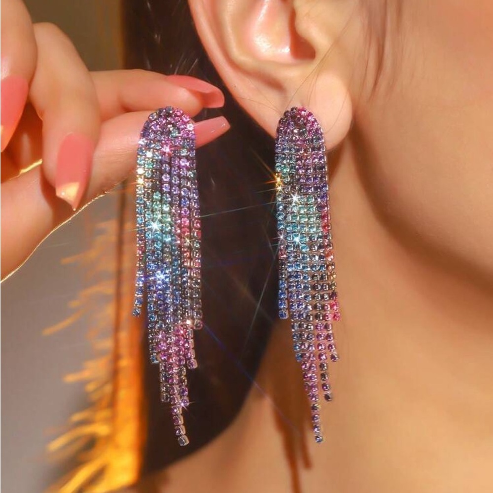 Multi-Color Rhinestone Tassel Earrings